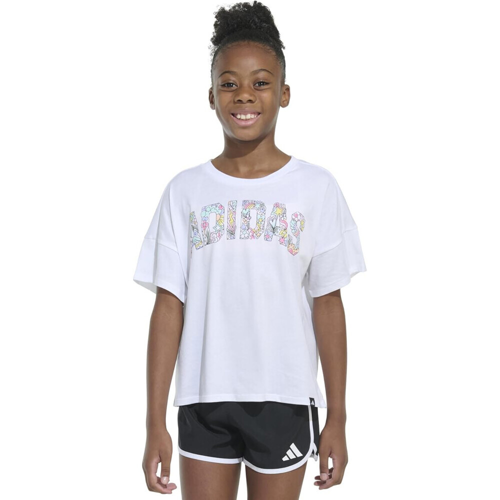 Adidas T-Shirt Girl Large White Graphic Print Short Sleeve Drop Shoulder RED1231